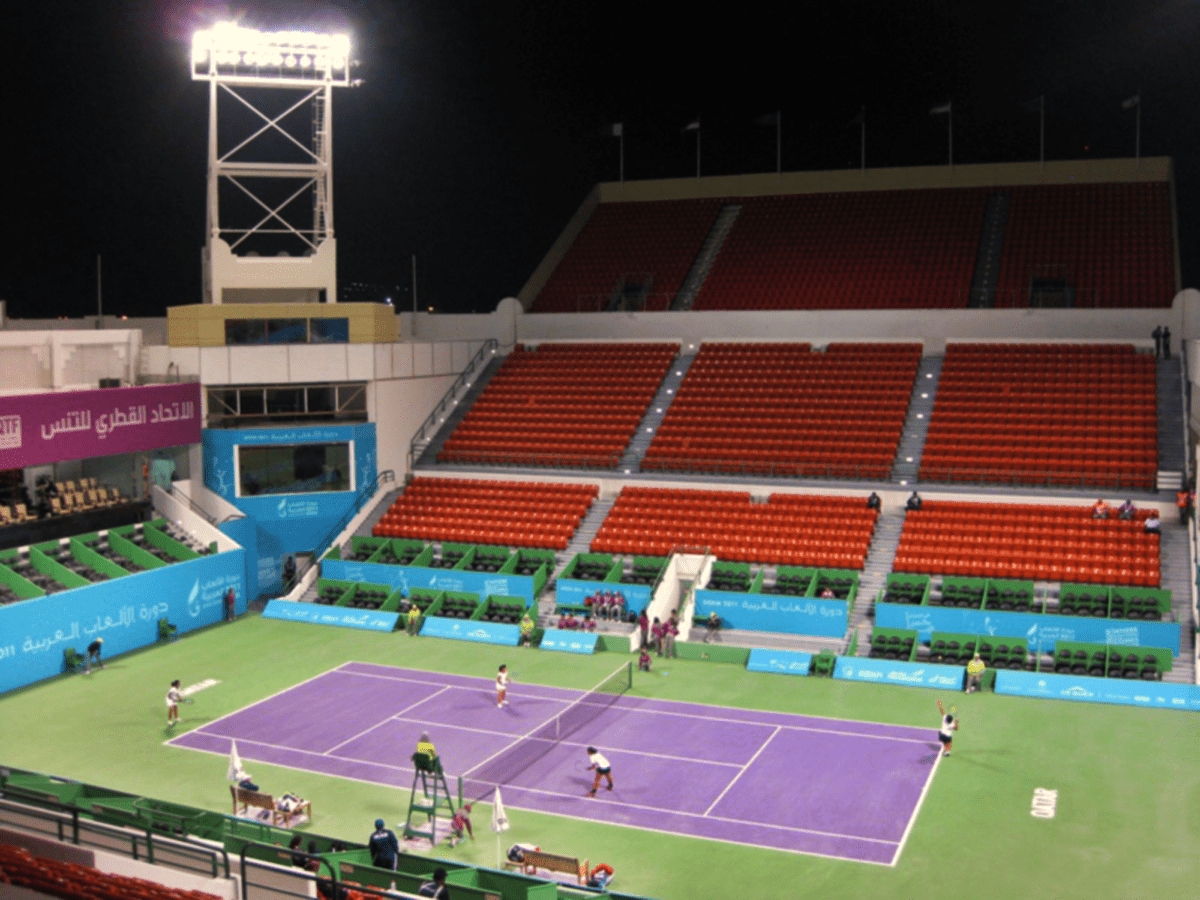 Announcer Andy Taylor. 2011 Arab Games Doha. Packed Doubles Final