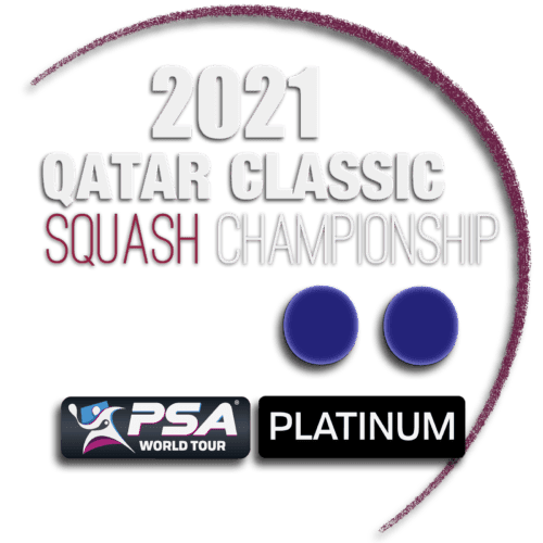 Emcee Andy Taylor. 2021 Qatar Classic Squash Championship Logo