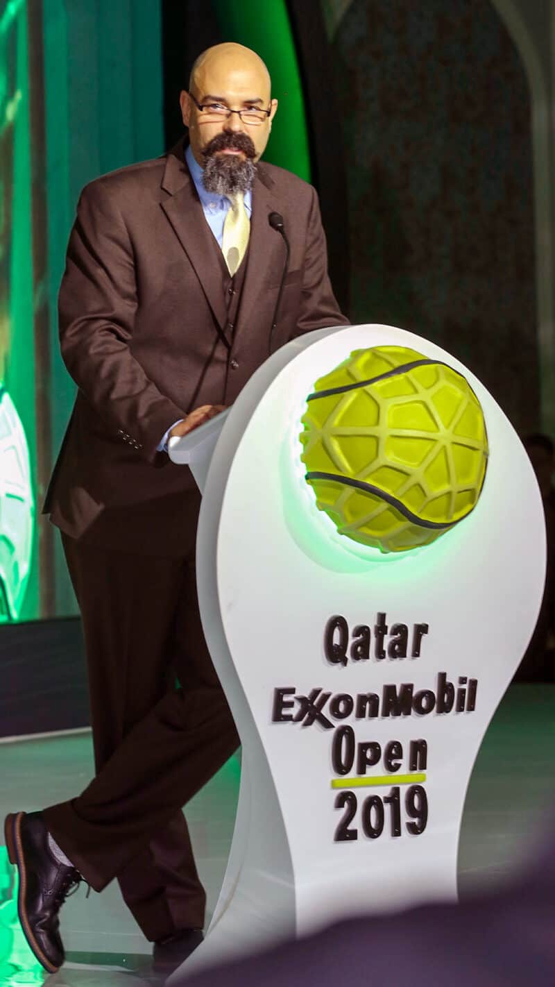 Announcer Andy Taylor. Qatar ExxonMobil Open 2019. Player Gala Dinner Host