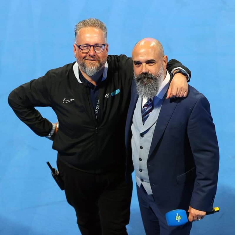 Announcer Andy Taylor. 2026 Qatar ExxonMobil Open. Floor Manager Marius Borning