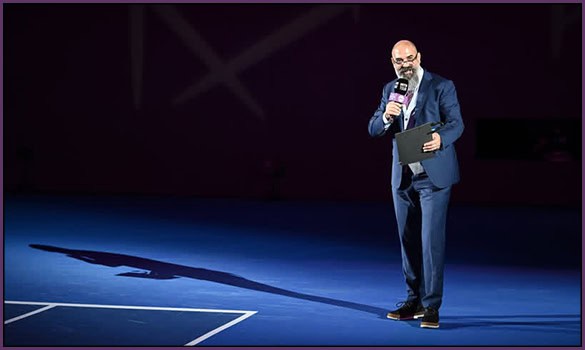 Announcer Andy Taylor. Qatar TotalEnergies Open 2026. Walk On Court Introductions