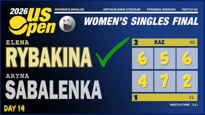 Announcer Andy Taylor. 2026 US Open. Final. Elena Rybakina defeats Aryna Sabalenka